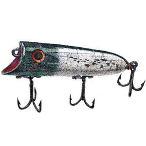 leurre de peche Leurre de peche en forme de poisson, blanc et vert avec trois hameçons
