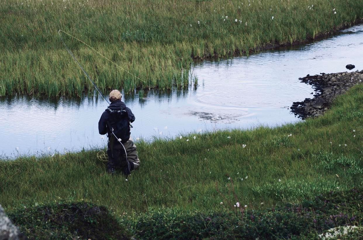 homme pêchant à la mouche dans la plaine du renard polaire en Islande