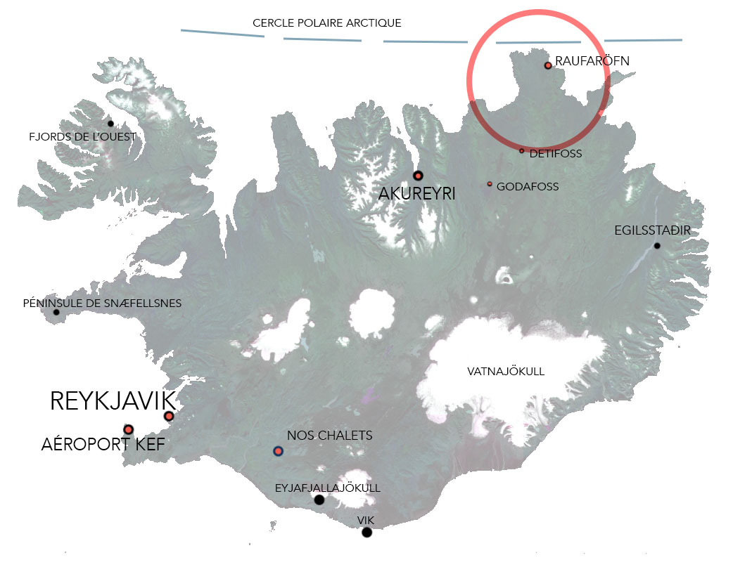 Carte de l'islande avec un cercle rouge autour de la plaine du renard polaire